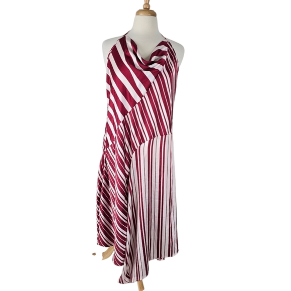 NWT By Anthropologie Satin Asymmetrical Slip Midi Dress Red/White Stripe L - Picture 2 of 15